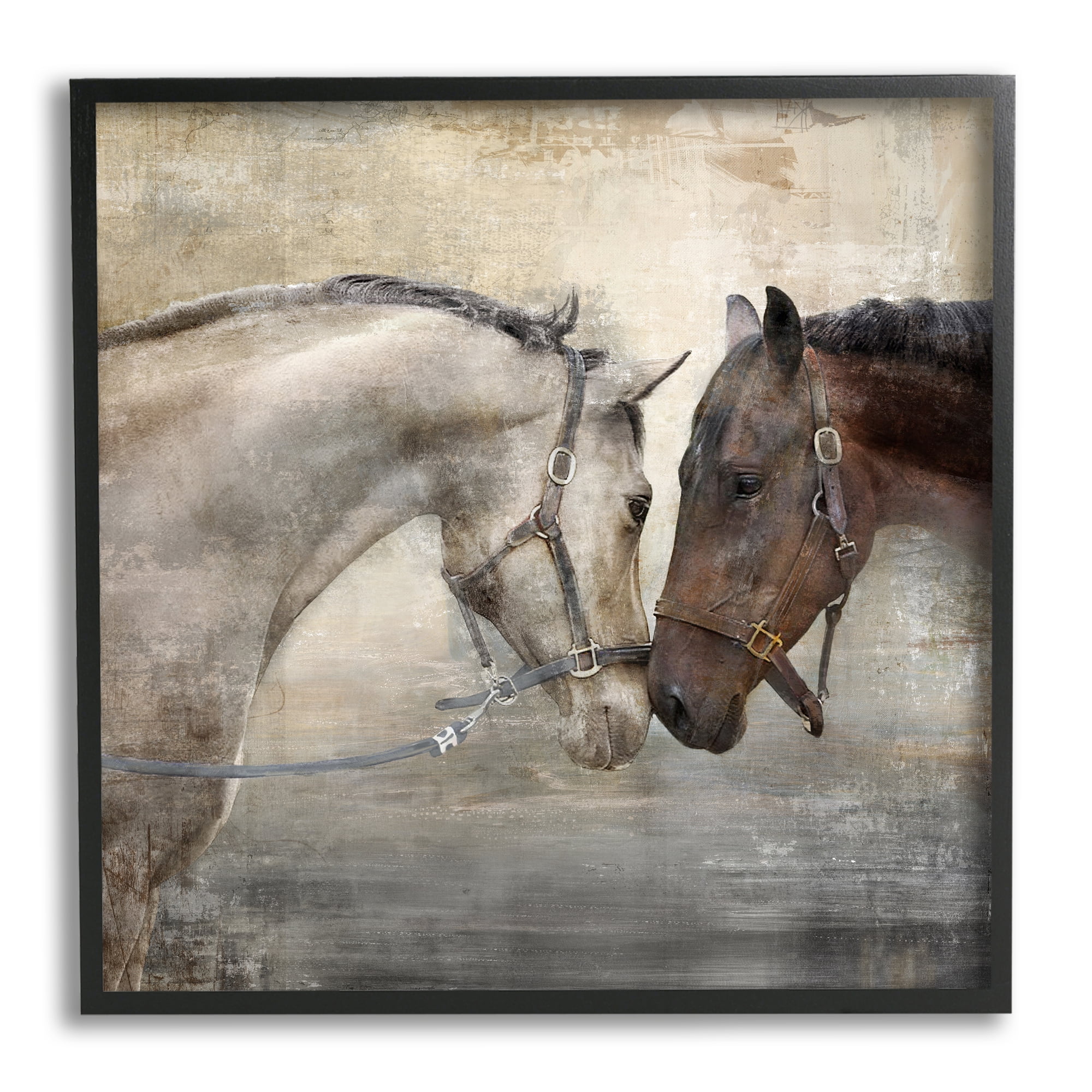 Horse Couple Textured Farm Animal Photograph Animals & Insects Framed Art Print Wall Art, 17x17