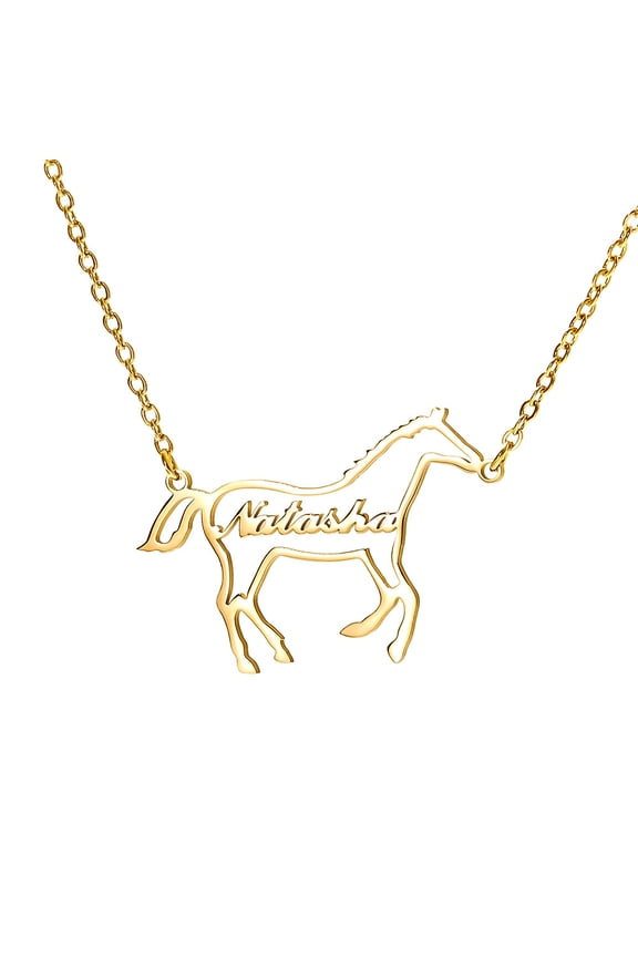 Horse Custom Name Necklace, Gold Plated Stainless Steel Personalized Nameplate Pendant Necklaces, Cross Chain, 6 Chain Length Options
