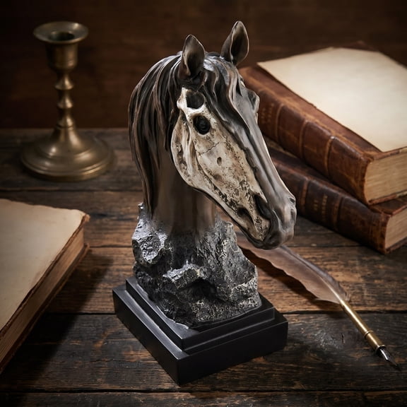 Horse Decor for Home, 6 Inch Gothic Brown Horse Skull Bust Sculpture, Rustic Home Decor, Gothic Home Decor, Polished Resin Half-Skeleton Horse Head Ornament for Living Room,