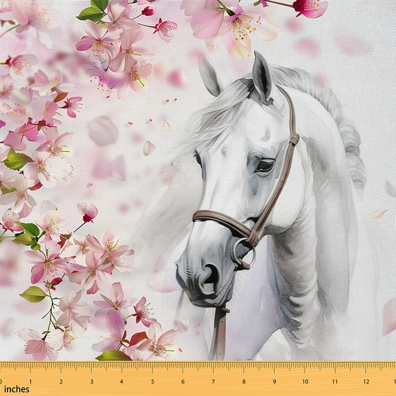 Horse Decorative Fabric,Farmhouse Animal Indoor Outdoor Fabric,Cherry Blossoms Material By The Yard,Green Leaves Fabric By The Yard,Plant Botanical Upholstery Fabric,Waterproof,5 Yards