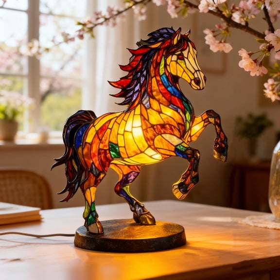 Horse Desktop Table Lamp with Nature Printed Shade, 6" Tall Rustic Country Home Decor, Resin Standing Horse Night Light for Cabin Lodge Western Decor, Decorative Side Desk Lamp