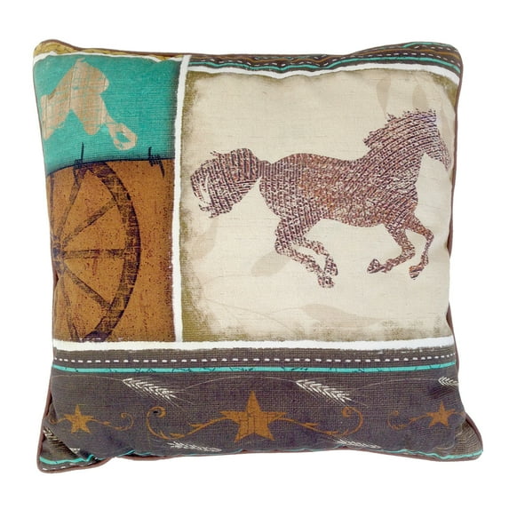 Horse, Wagon Wheel & Saddle Digital Print Accent Pillow 18" x 18" Western