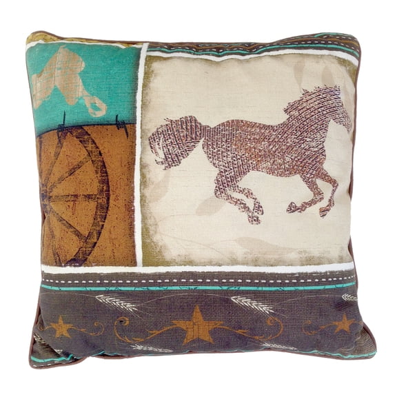 Horse, Wagon Wheel & Saddle Digital Print Accent Pillow 18" x 18" Western