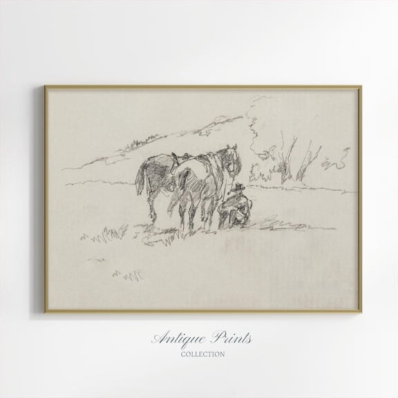Horse Drawing, Western Wall Decor, Vintage Cowboy Sketch, Horse Wall Art, Equestrian, Antique Farmhouse Decor,, Unframed Canvas Size 8x12