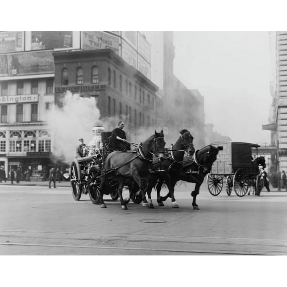 Horse Drawn Fire Engine Speeds On West 43Rd Street And Broadway History (24 x 18)