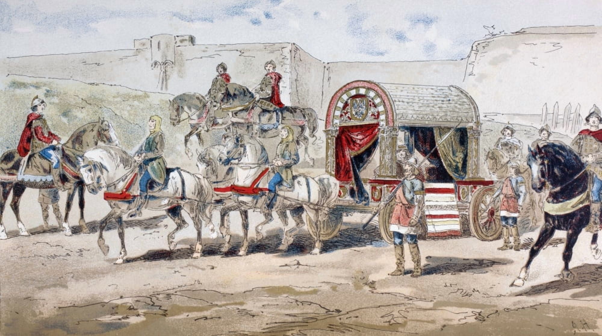 A Horse Drawn Royal Coach In The 9Th Century After A Watercolour By A Heins From Cortege Historique Des Moyens De Transport Published Brussels 1886 Canvas Art - Ken Welsh Design Pics (19 x 11)