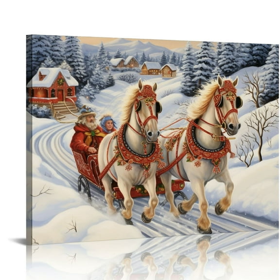Horse Drawn Sleigh Canvas Print Snowy Winter Scene Wall Art with Cardinals, Horse Prints Canvas, christmas wall art, Animal wall art, Arts