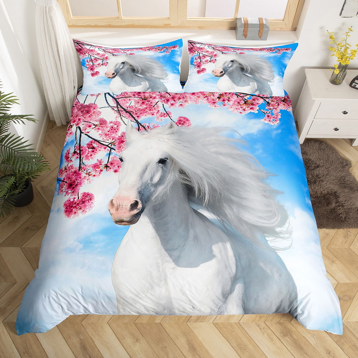 Horse Duvet Cover Girls Room Decor,3D Galloping Horse Western Bedding