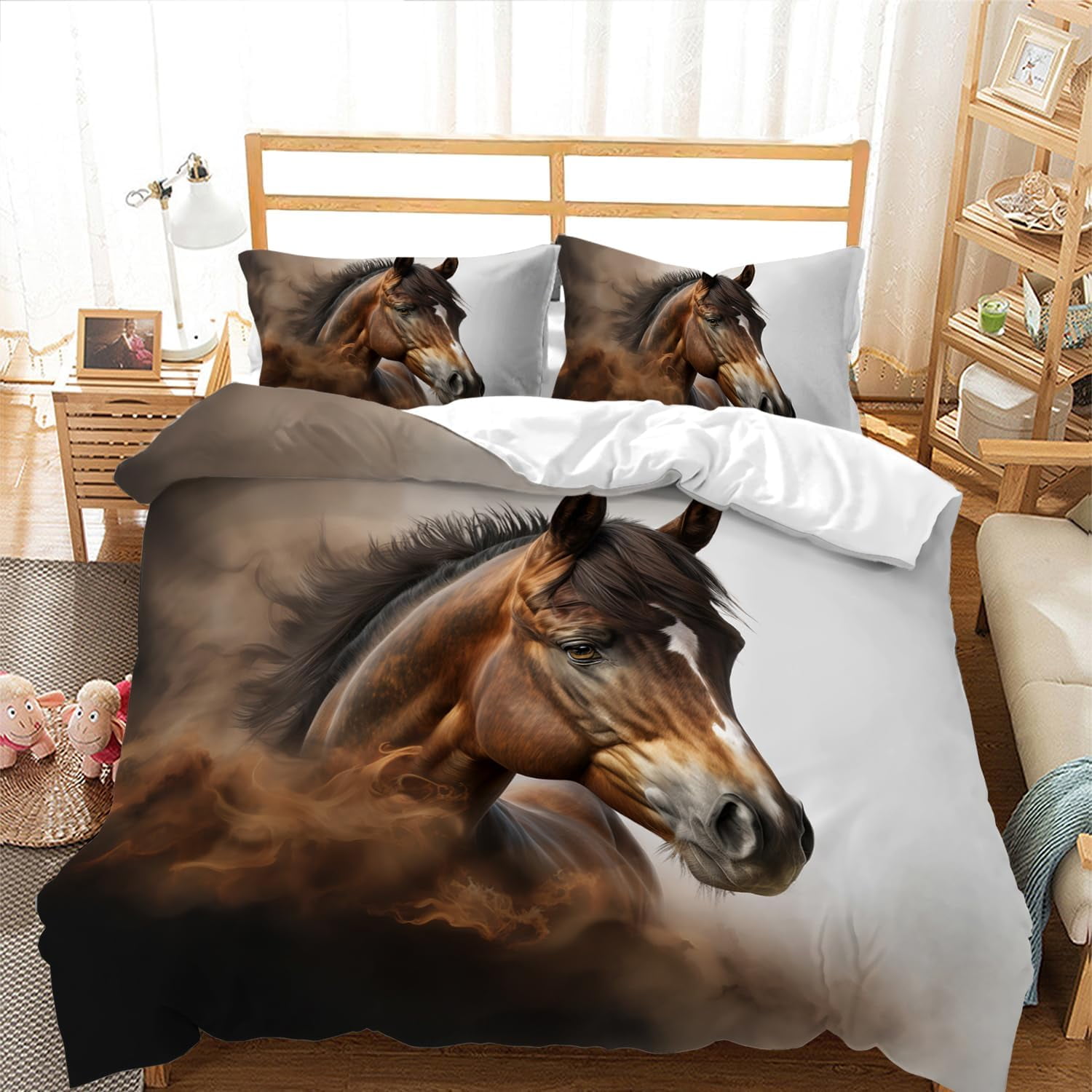 Horse Duvet Cover Set,3D Galloping Horse Comforter Cover Set,Brown Smoky Fog Animal Themed