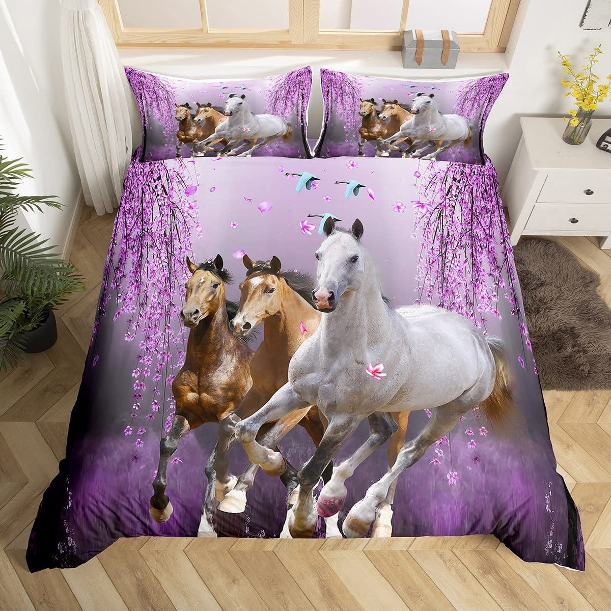 Horse Duvet Cover Set Cherry Blossom Branches Lavender Purple Bedding Sets Galloping Horse