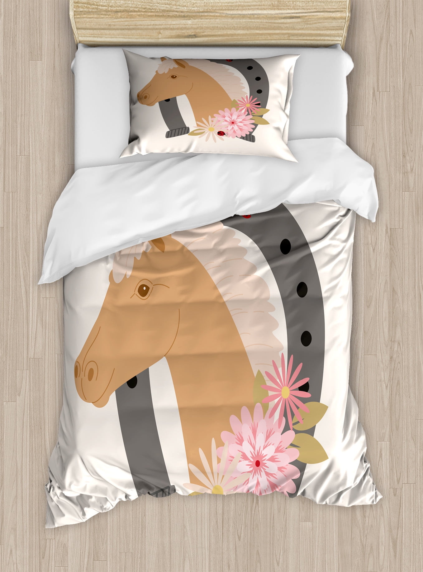 Twin Size Burgundy and Multicolor Horse Duvet Cover Set