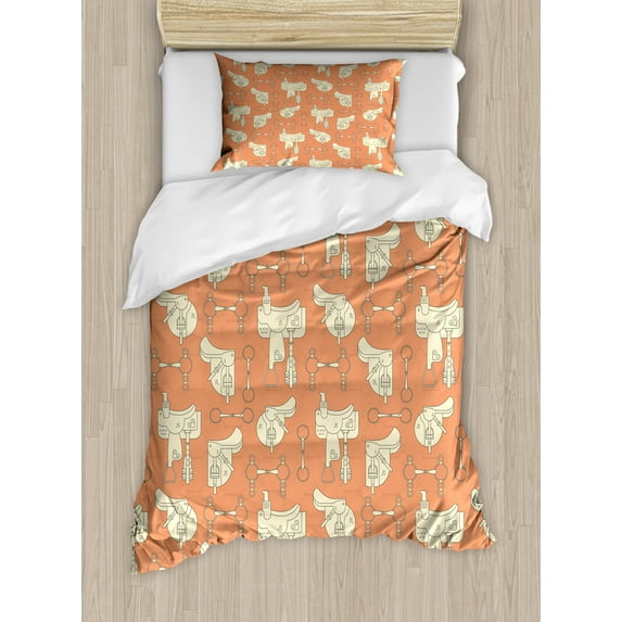 Horse Duvet Cover Set, Demonstration of Saddles and Bits Riding Western Elements Vintage Theme, Decorative 2 Piece Bedding Set with 1 Pillow Shams, Twin Size, Dark Peach and Cream, by Ambesonne