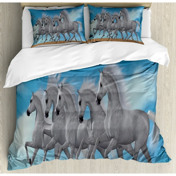 Horse Duvet Cover Set, Digitally Generated Graphic of an Animal Herd Running Wildly Open Sky, Decorative 3 Piece Bedding Set with 2 Pillow Shams, Queen Size, Sky Blue Grey, by Ambesonne