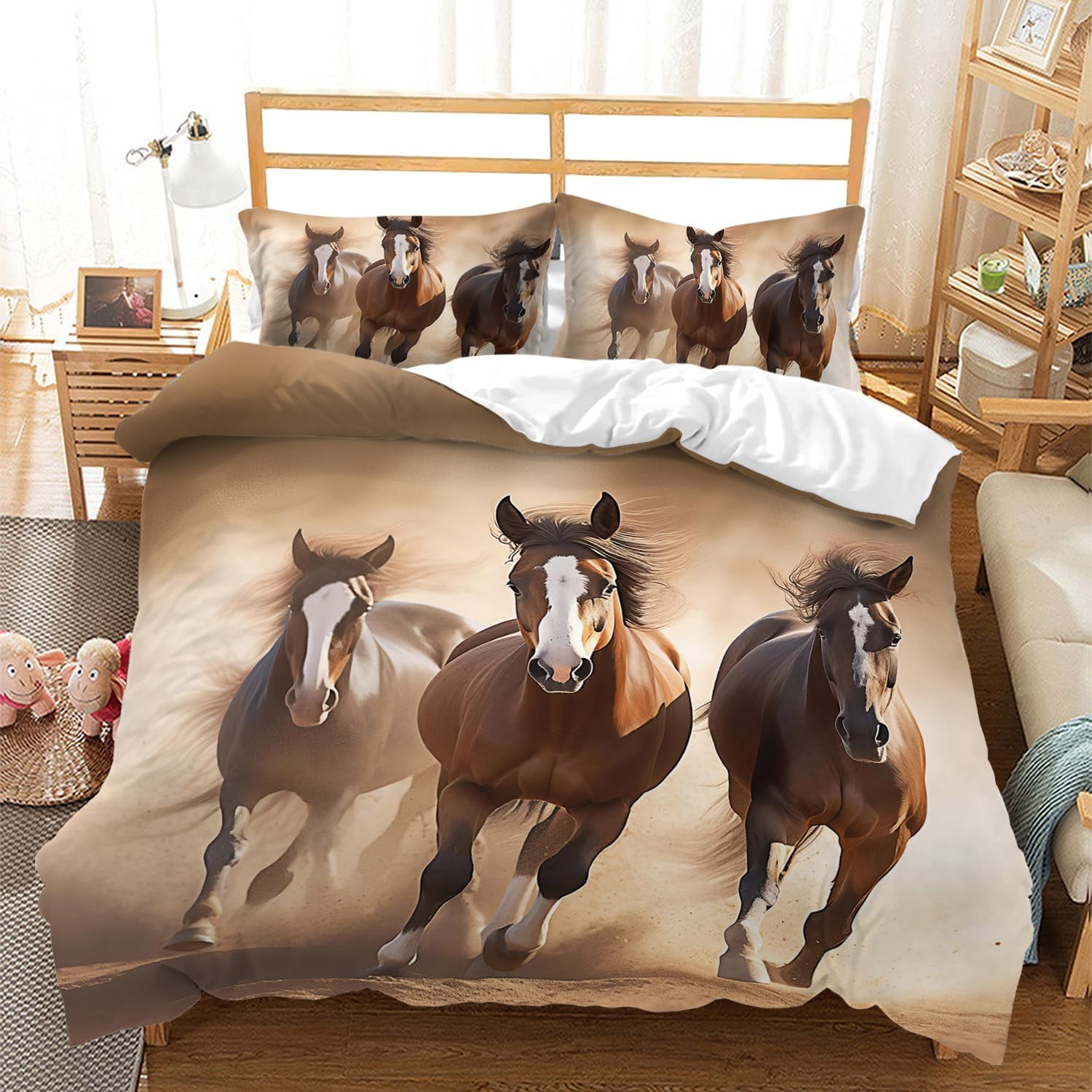 Horse Duvet Cover Set,Galloping Horse Comforter Cover Set for Kids Teen