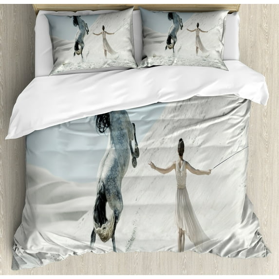 Horse Duvet Cover Set, Lady with White Horse Rearing up on the Desert Mountains Mare, Decorative 3 Piece Bedding Set with 2 Pillow Shams, Queen Size, White Slate Blue, by Ambesonne