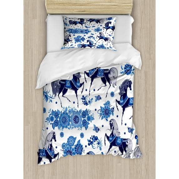 Horse Duvet Cover Set, Monochrome Repetition of Horses and Flowers, Decorative 2 Piece Bedding Set with 1 Pillow Shams, Twin Size, Blue Dark Blue White, by Ambesonne