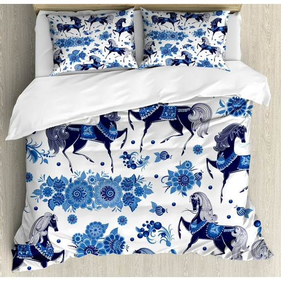 Horse Duvet Cover Set, Monochrome Repetition of Horses and Flowers, Decorative 3 Piece Bedding Set with 2 Pillow Shams, King Size, Blue Dark Blue White, by Ambesonne