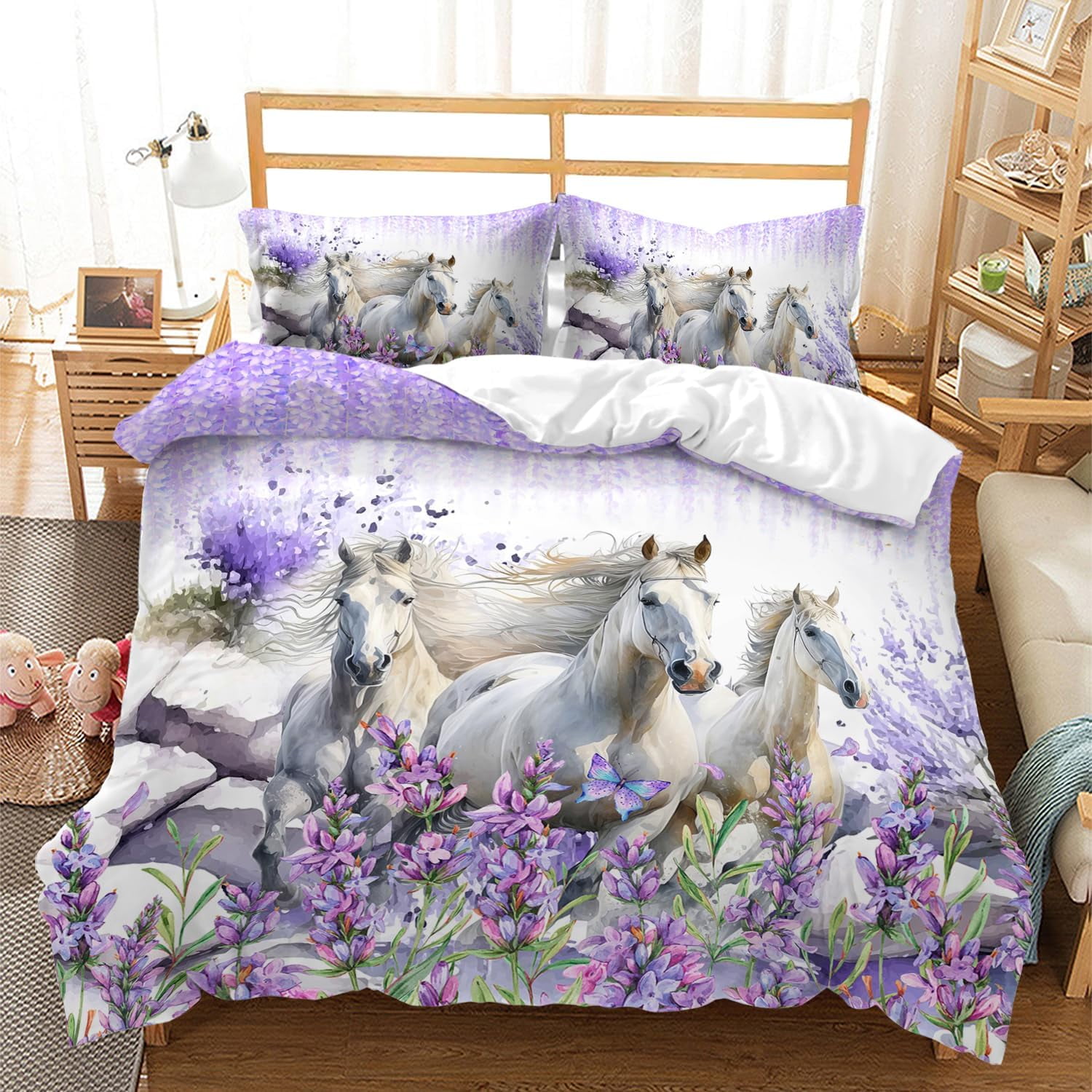 Horse Duvet Cover Set,Purple Lavender Flower Comforter Cover Set for Girls Women,Galloping Horse