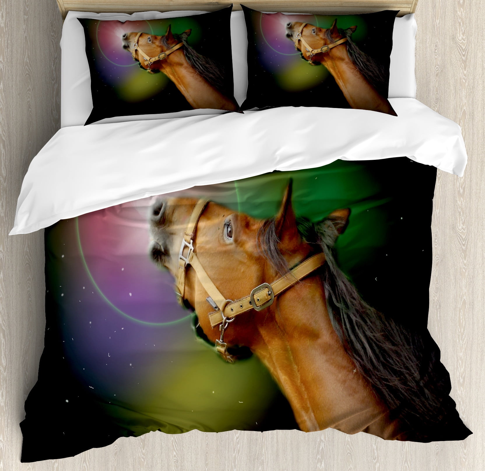 Horse Duvet Cover Set, Side Portrait of Animal with Psychedelic