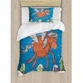thumbnail image 1 of Horse Duvet Cover Set, Vector Illustration of Horse with Wings and the Buildings in Snowy Winter, Decorative 2 Piece Bedding Set with 1 Pillow Shams, Twin Size, Dark Orange and Blue, by Ambesonne, 1 of 3