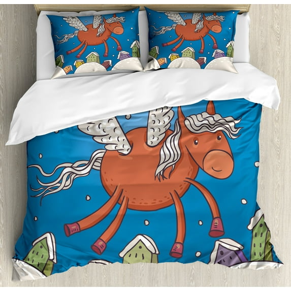 Horse Duvet Cover Set, Vector Illustration of Horse with Wings and the Buildings in Snowy Winter, Decorative 3 Piece Bedding Set with 2 Pillow Shams, King Size, Dark Orange and Blue, by Ambesonne