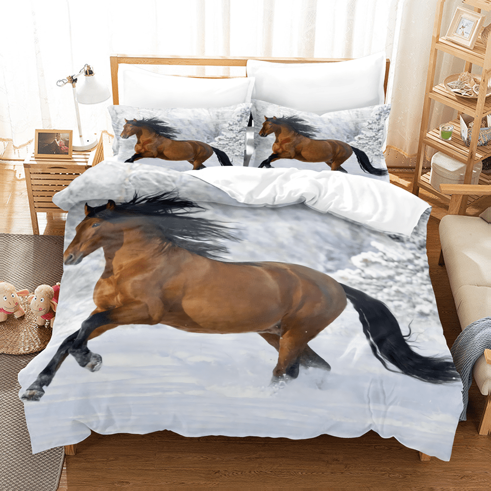 Horse Duvet Cover Set White Wild Animals 3d Print Wildlife King Size
