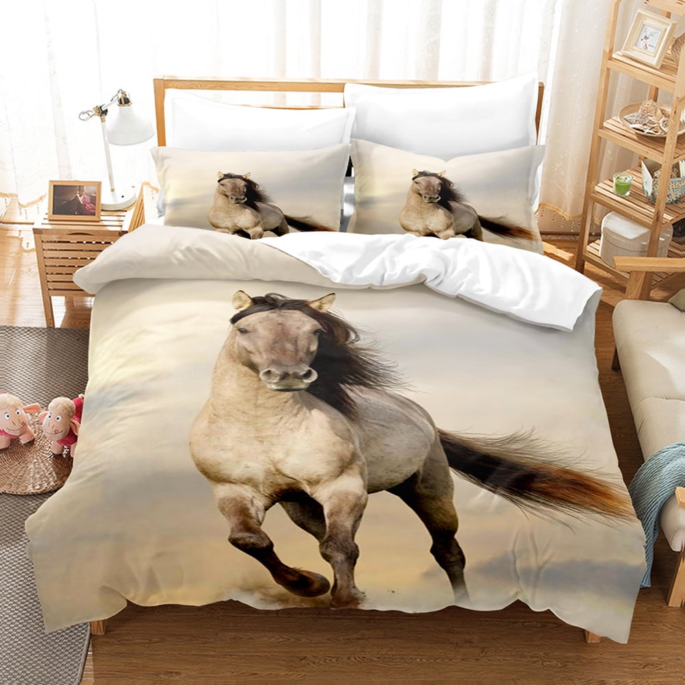 Horse Duvet Cover Set White Wild Animals 3d Print Wildlife King Size for Kids Te