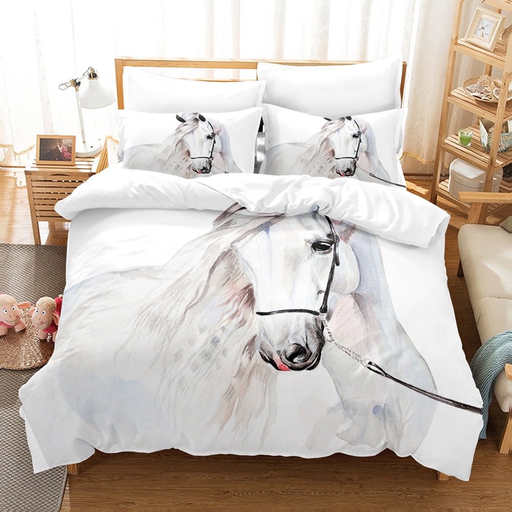 Horse Duvet Cover Set White Wild Animals 3d Print Wildlife King Size for Kids Te