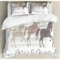 thumbnail image 1 of Horse Duvet Cover Set, Wild and Free Calligraphy with Running Wild Animal Silhouettes Print, Decorative 3 Piece Bedding Set with 2 Pillow Shams, Queen Size, Warm Taupe White and Tan, by Ambesonne, 1 of 3