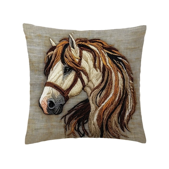 Horse Embroidery Pillow Cover, Brown Animal Cushion Case with Flowing Mane, Country Farmhouse Decor for Sofa Couch A