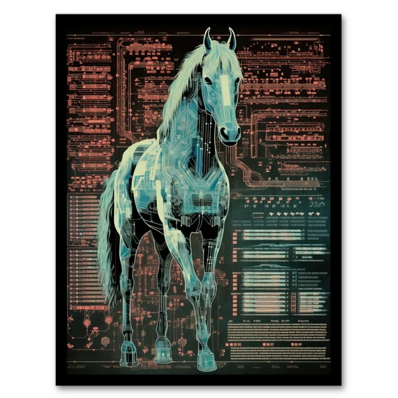 Horse Equine Robot Hybrid Secret Military Schematic Blueprint Futuristic Complex Arcane Manuscript Gift For Him Man Cave Artwork Framed Wall Art Print A4