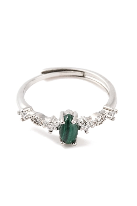 Horse Eye Natural Malachite Adjustable Rings Brass Clear Cubic Zirconia Ring for Women Long-Lasting Plated Lead Free & Cadmium Free Platinum Inner Diameter: 19mm