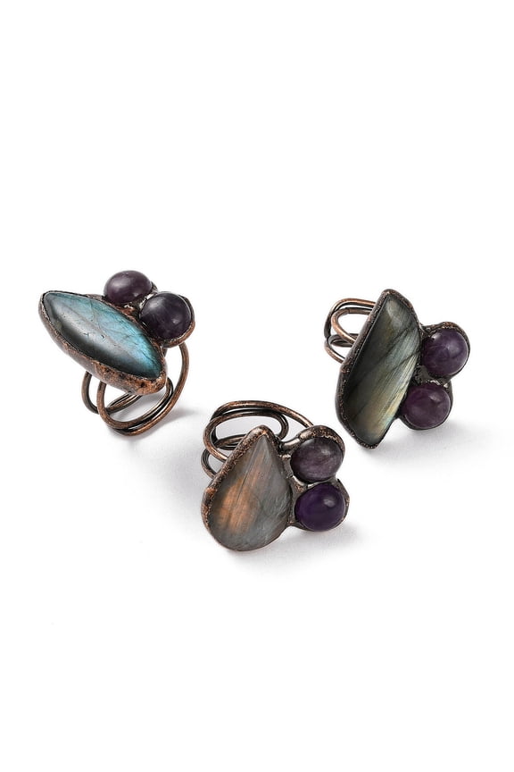 Horse Eye & Round Natural Amethyst & Labradorite Adjustable Rings Red Copper Tone Brass Ring for Women Inner Diameter: 19mm Mixed Stone
