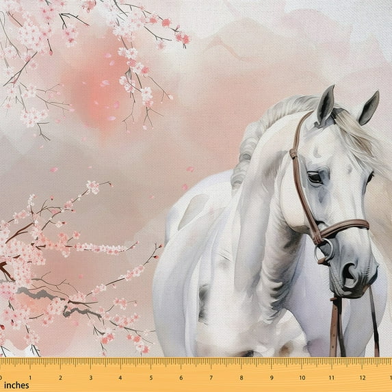Horse Fabric By The Yard,Horse Printed Upholstery Fabric,Pink Pastel Indoor Outdoor Fabric,Girly Cherry Blossoms Decorative Fabric,Farmhouse Animal Quilt Fabric By The Yard,Art,10 Yards