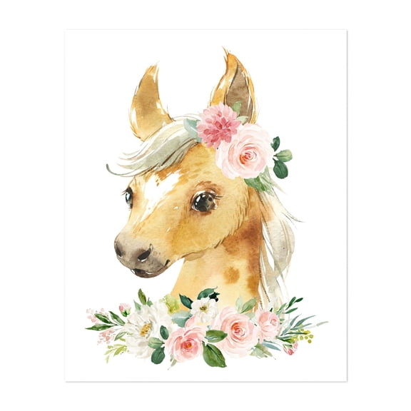 Horse, Farm Animals, Barn Animals, Barnyard, Pink Flowers, Girl Nursery - Illustration Horse Watercolor Floral Animal Flowers Whimsical Unframed Wall Art Print 6 x 8 inches