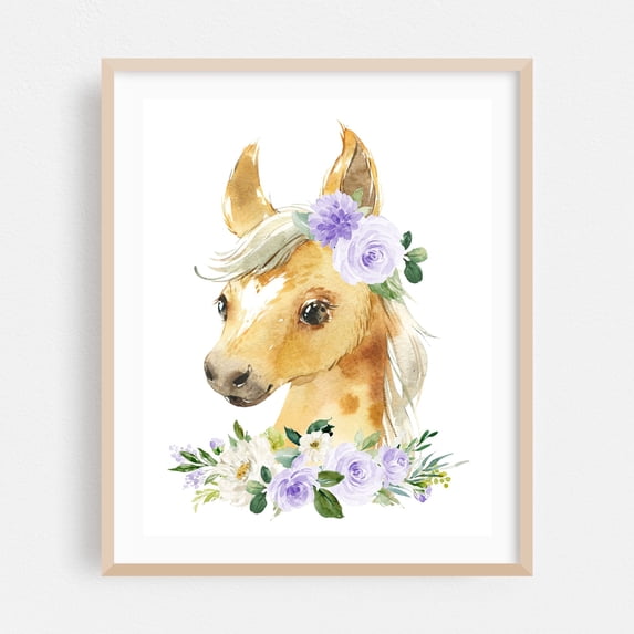 Horse, Farm Animals, Barn Animals, Barnyard, Purple Flowers, Gender Neutral Nursery - Illustration Horse Watercolor Floral Animal Flowers Whimsical Oak Framed Wall Art Print 11 x 14 inches