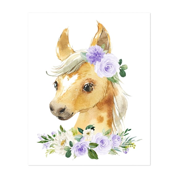 Horse, Farm Animals, Barn Animals, Barnyard, Purple Flowers, Gender Neutral Nursery - Illustration Horse Watercolor Floral Animal Flowers Whimsical Unframed Wall Art Print 6 x 8 inches