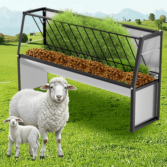 Livestock Feeder for Sheep, 60-Gallon Capacity, Pre-Drilled Quick Install, Waste-Proof Mesh, Goat Feeder, Barn, Stable, Ranch