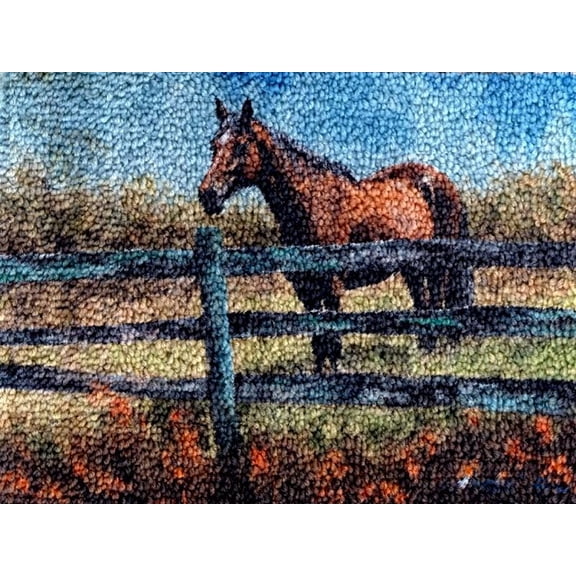Horse in Fence Latch Hook Kits Rug DIY Cushion Tapestry Making Crochet Hook Mat Making Kits Color Preprinted Pattern Canvas DIY Carpet Needlework Crochet Kits 52x38cm (series-65)