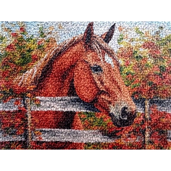 Horse in Fence Latch Hook Kits Rug DIY Cushion Tapestry Making Crochet Hook Mat Making Kits Color Preprinted Pattern Canvas DIY Carpet Needlework Crochet Kits 52x38cm (series-62)
