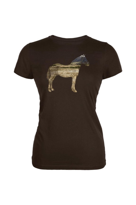 Horse Field Wild Mustang Juniors Soft T Shirt Brown X-LG
