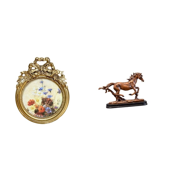 Horse Figurine Round Photo Frame Vintage Resin Artwork Collectible for Desktop Wall Bookcase Living Room Decor