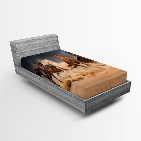 Horse Fitted Sheet, Equine Themed Animals Galloping in the Sand Running Horses Pattern, Decorative Soft Bedding All-round Elastic Pocket, Twin XL Size, Brown Sand Brown, by Ambesonne