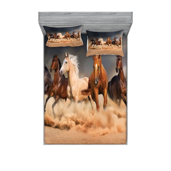 Horse Fitted Sheet & Pillow Sham Set, Equine Themed Animals Galloping in the Sand Running Horses Pattern, Decorative Printed 6 Piece Bedding Decor Set, Queen, Brown Sand Brown, by Ambesonne