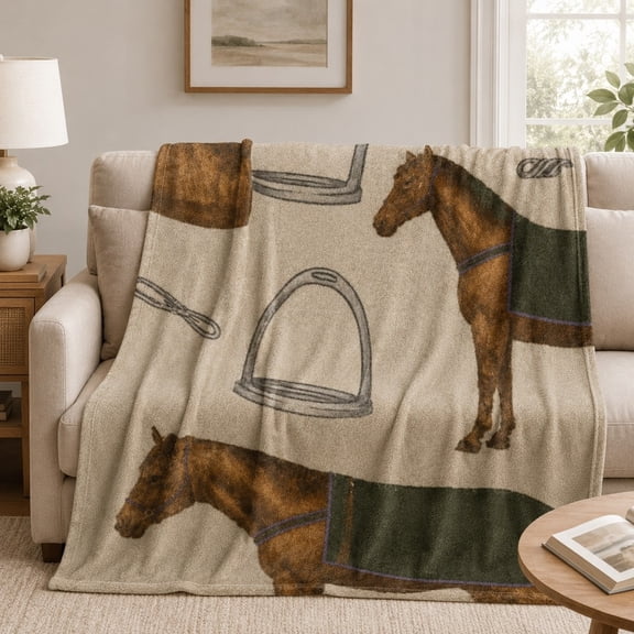 Horse Fleece Throw Blanket, Equestrian Print Sofa Blanket