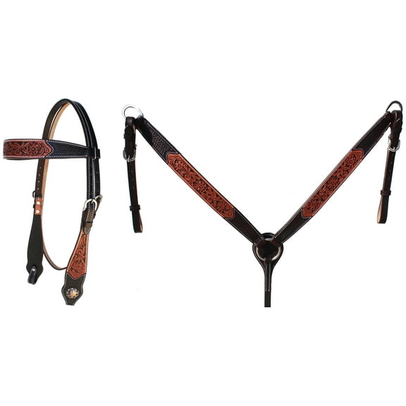 Horse Floral Basket Weave Tooled Browband Bridle & Breast Collar Set 78FK31B