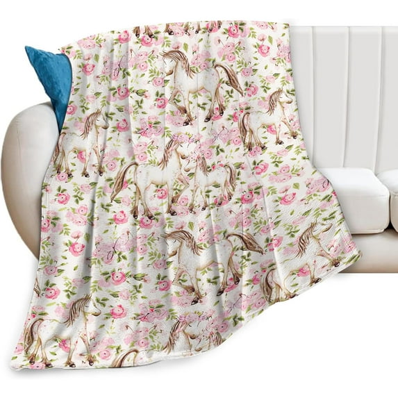 Horse Floral Blanket Pink Cute Horse Baby Throw Blanket Super Soft Plush Lightweight Warm Fleece Flannel Decor Blanket Gifts for Horse Lover Girls Women Boys Men Kids for Sofa Couch Bed