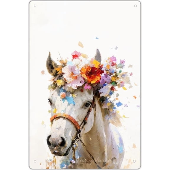 Horse with Floral Crown Unique Tin Sign for Girls and Boys, Funny Horse Signs, Farmhouse Horse Decor for Bedroom, Horse Posters For Girls Bedroom, Horse Gifts for Horse Lovers 12x16 In