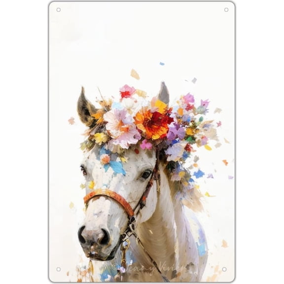 Horse with Floral Crown Unique Tin Sign for Girls and Boys, Funny Horse Signs, Farmhouse Horse Decor for Bedroom, Horse Posters For Girls Bedroom, Horse Gifts for Horse Lovers 12x8 In