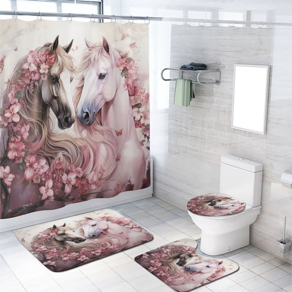 Horse Floral Shower Curtain Set with Rugs for Bathroom Decor Rustic Farmhouse Animal Flower Nature Western Country Bathroom Decor Bath Curtain with Rugs Toilet Lid Cover Bath Mat, 72x72 Inch